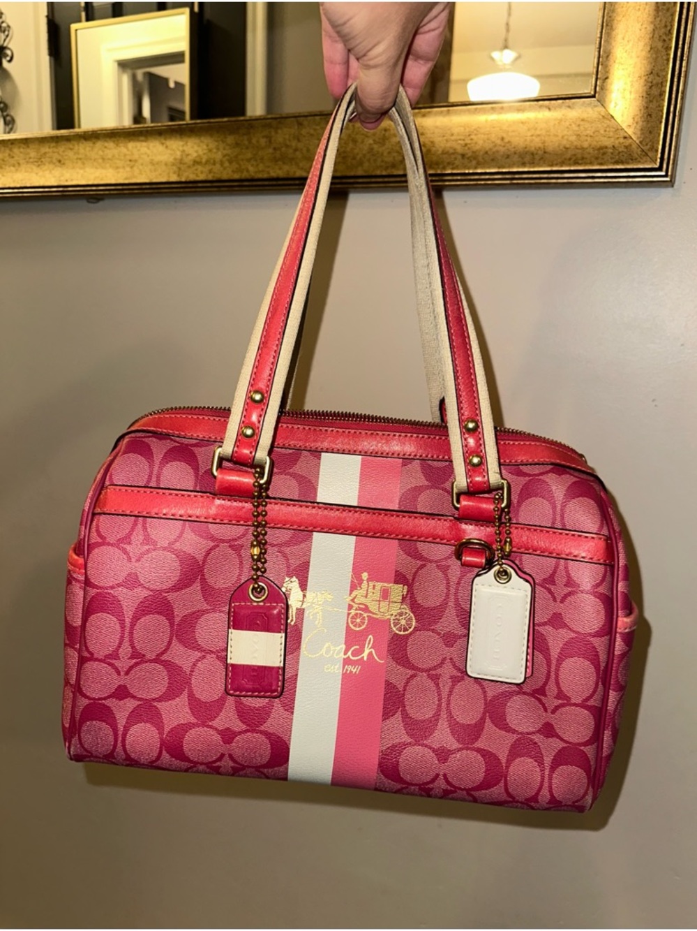 Coach Pink Signature Stripe Satchel with Cream Accents